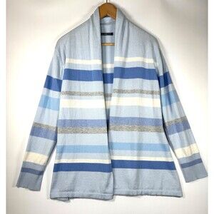 Alashan Womens Open Front Cardigan Sweater Large Blue Gray Stripe Cashmere Blend